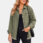Women's Raw Hem Snap Button Washed Denim Jacket