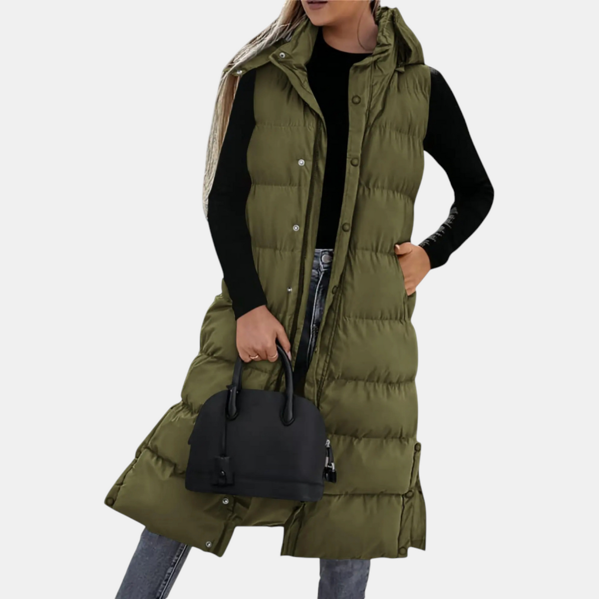 Eliza - Puffer Vest Quilted Hooded Maxi Length Button Down