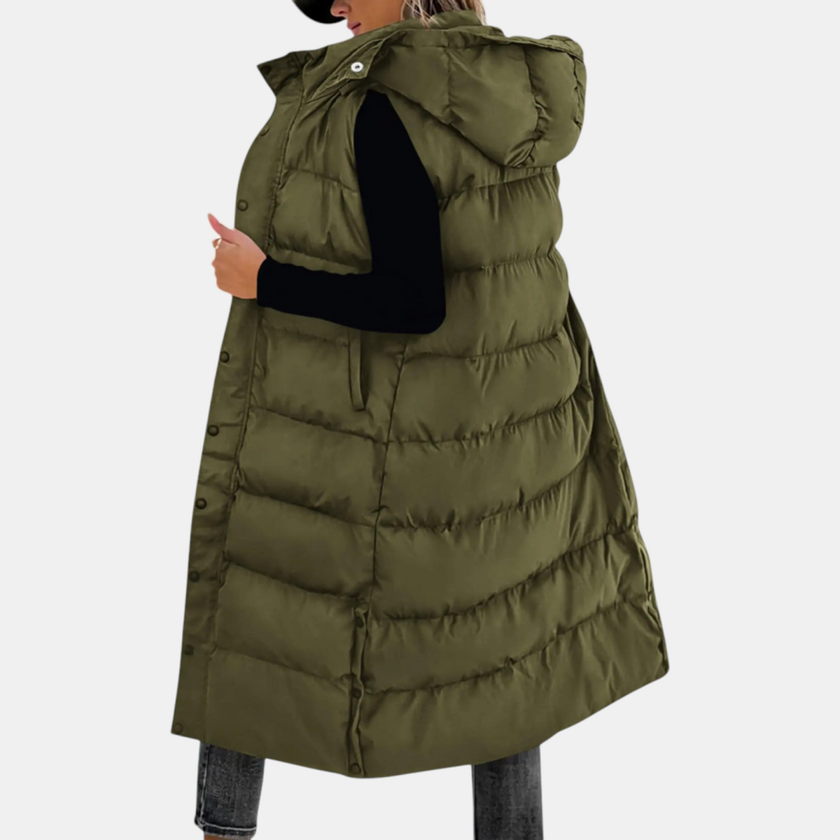 Eliza - Puffer Vest Quilted Hooded Maxi Length Button Down