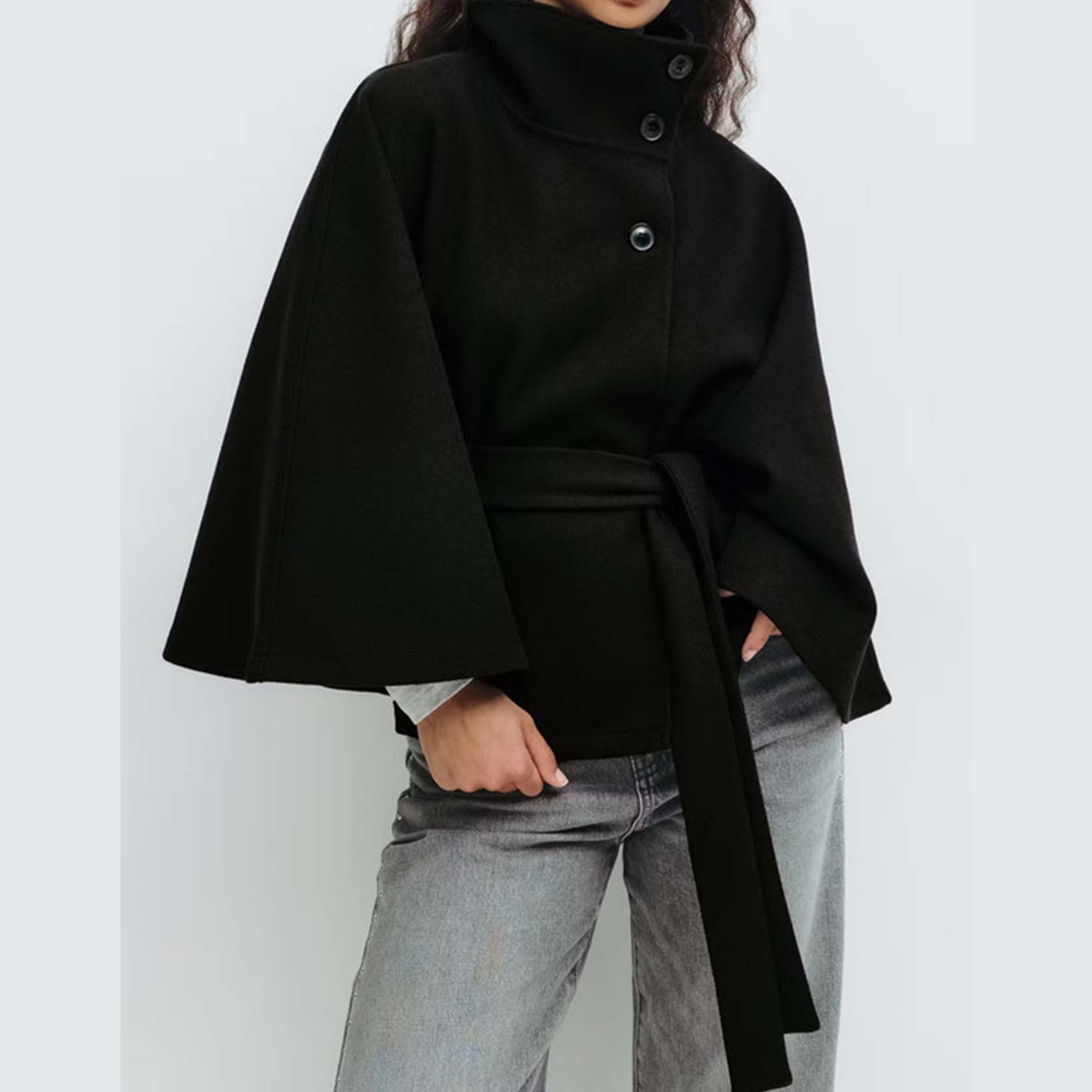 Seraphina | Belted Cape Coat with Stand Collar
