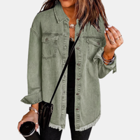 Women's Raw Hem Snap Button Washed Denim Jacket