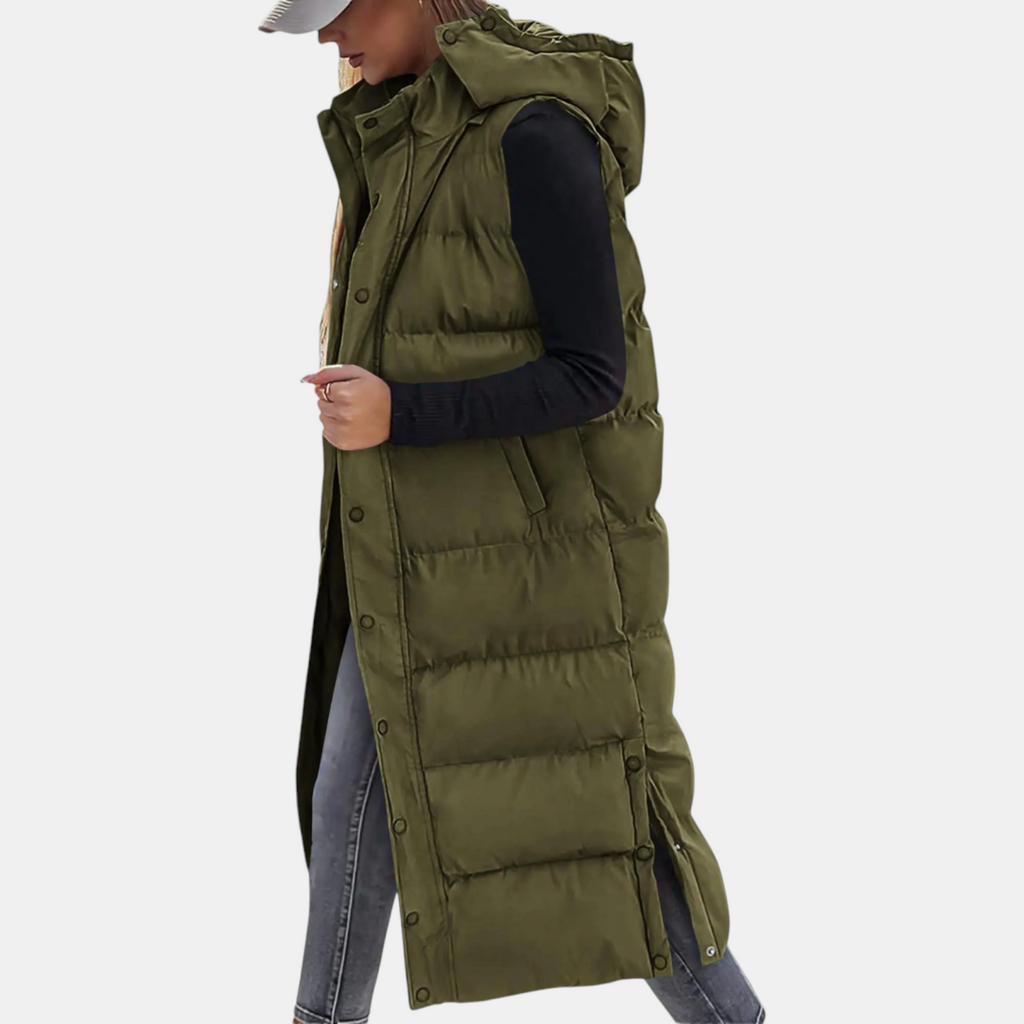 Eliza - Puffer Vest Quilted Hooded Maxi Length Button Down
