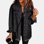 Women's Raw Hem Snap Button Washed Denim Jacket