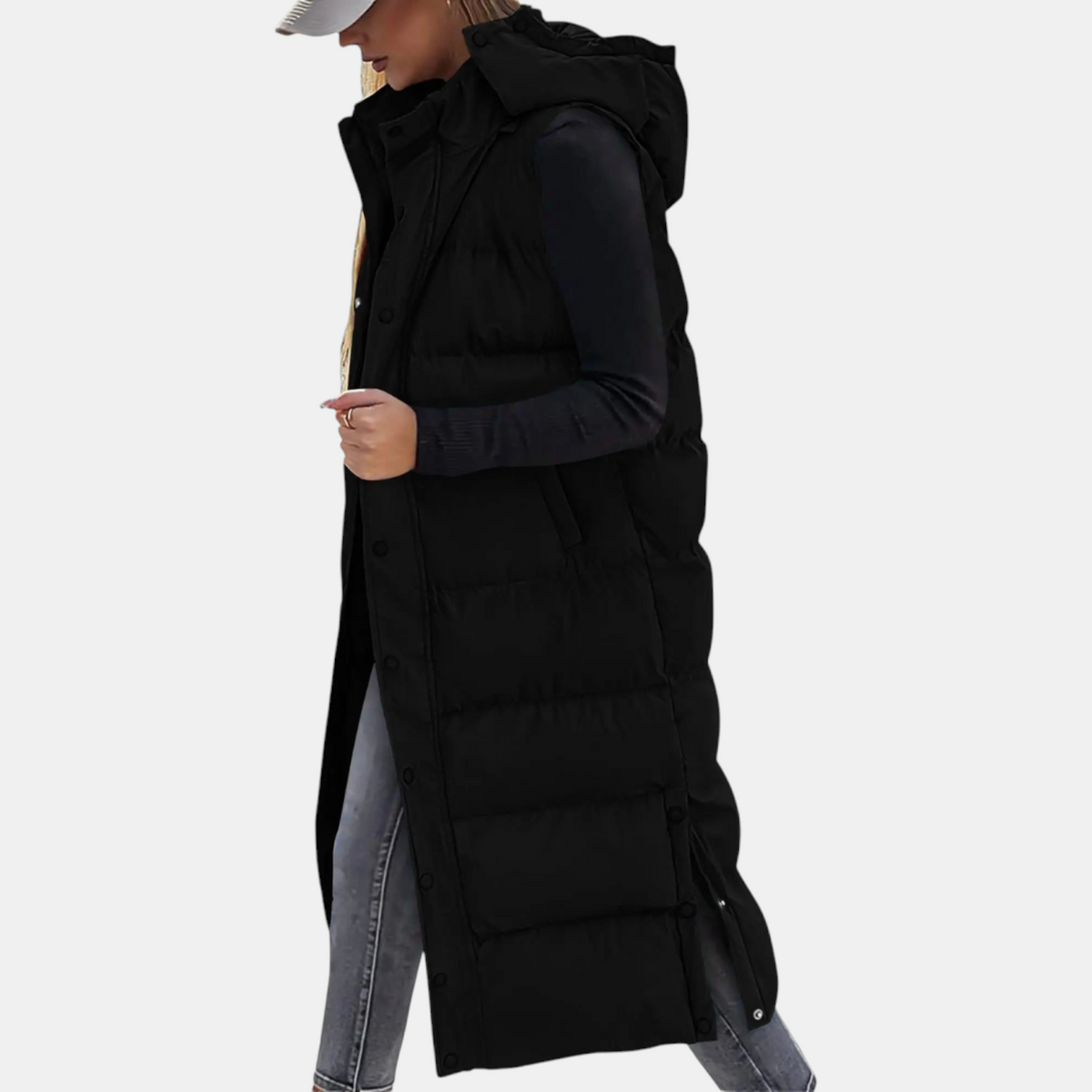 Eliza - Puffer Vest Quilted Hooded Maxi Length Button Down