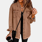 Women's Raw Hem Snap Button Washed Denim Jacket