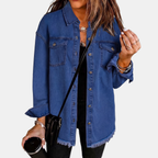 Women's Raw Hem Snap Button Washed Denim Jacket