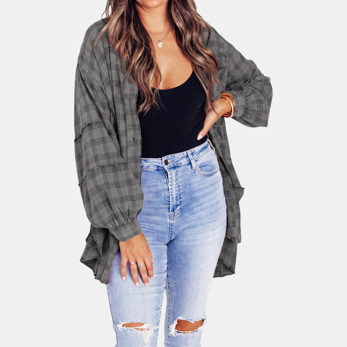 Cloé - Flannel Shirt Oversized Long Sleeve Blouse
