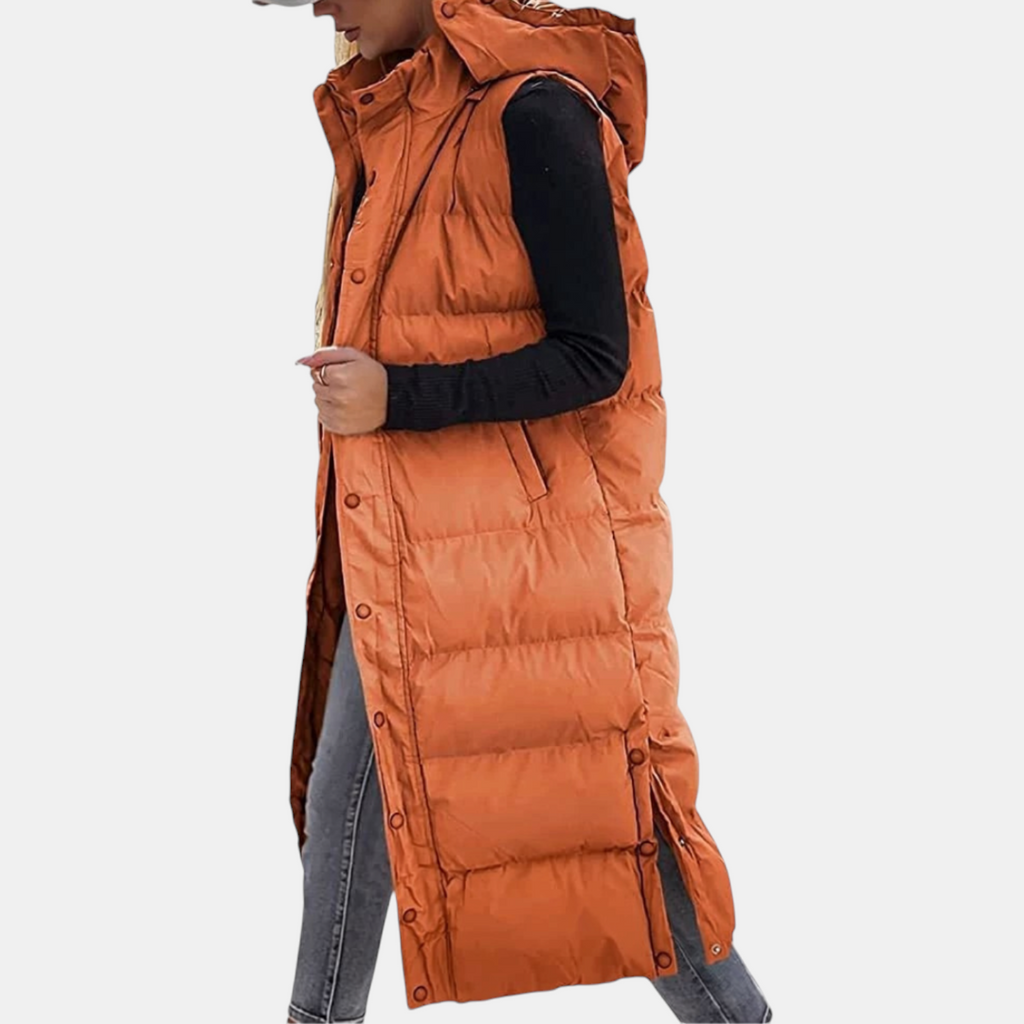 Eliza - Puffer Vest Quilted Hooded Maxi Length Button Down