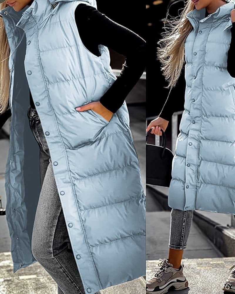 Eliza - Puffer Vest Quilted Hooded Maxi Length Button Down