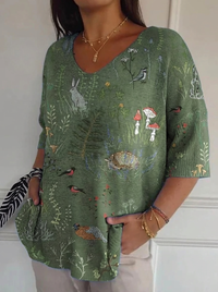 Woodland And Animals Repeat Pattern Printed Women's Casual Pullover Knit
