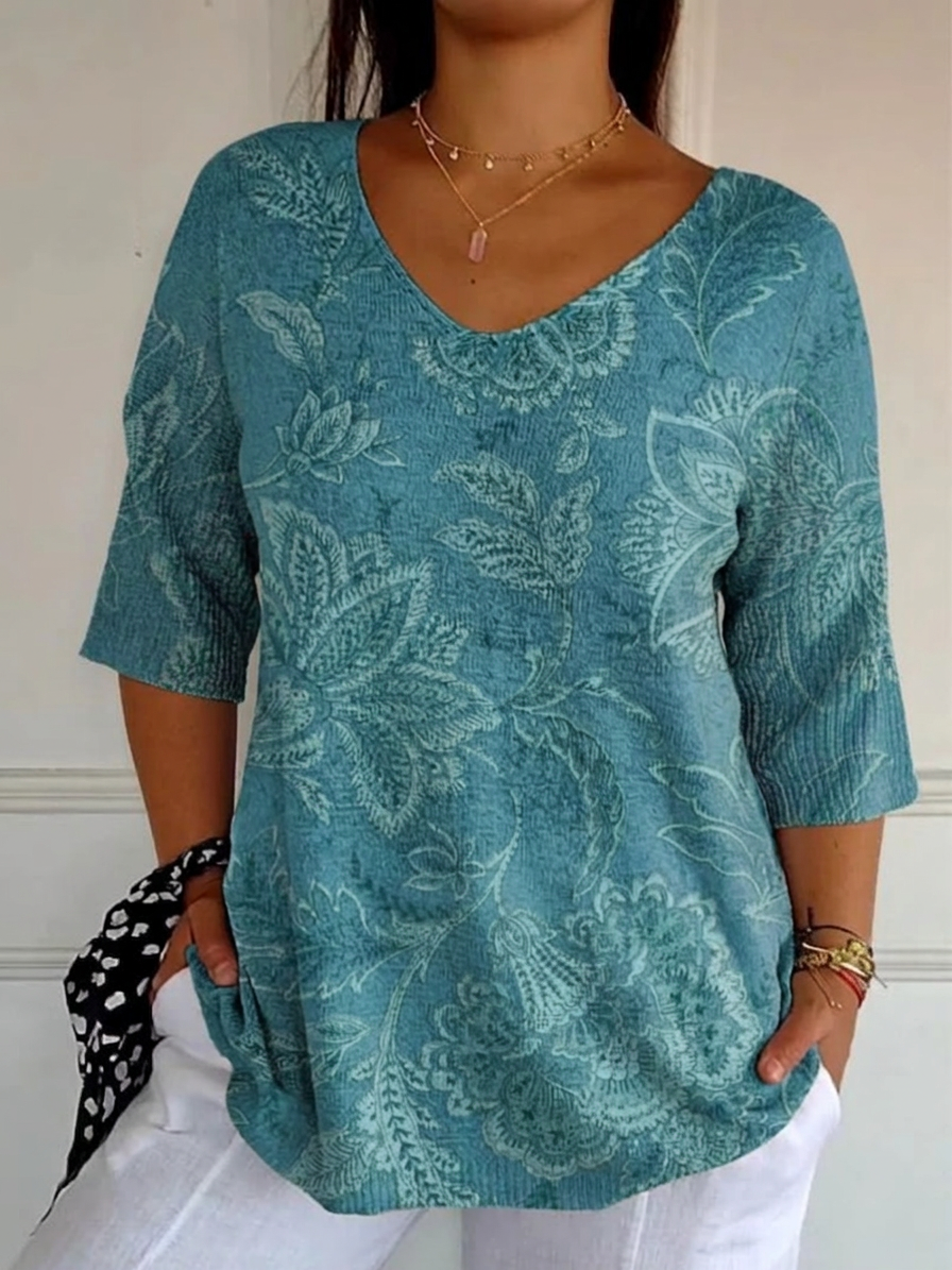 Women's Vintage Ethnic Floral Art Print Casual Pullover Knit