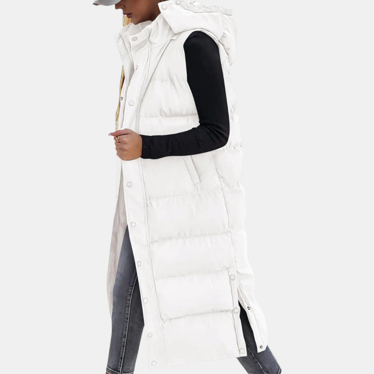 Eliza - Puffer Vest Quilted Hooded Maxi Length Button Down